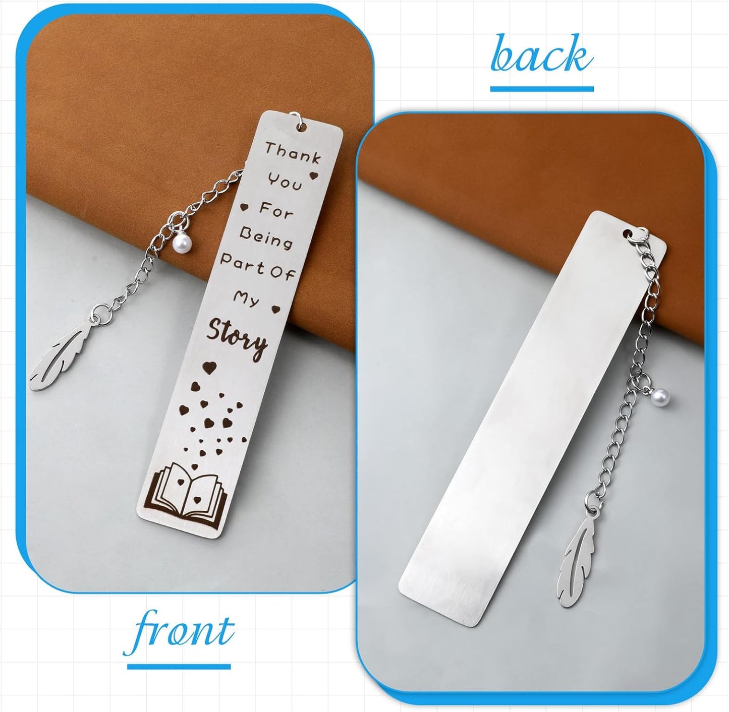 Metal Bookmark Gift, Engraved Thank You for Being Part of My Story Thank You Appreciation Silver Stainless Steel Book Mark with Leaf Pendant Book Mark Christmas Gifts for Women Men Books Lover Friends