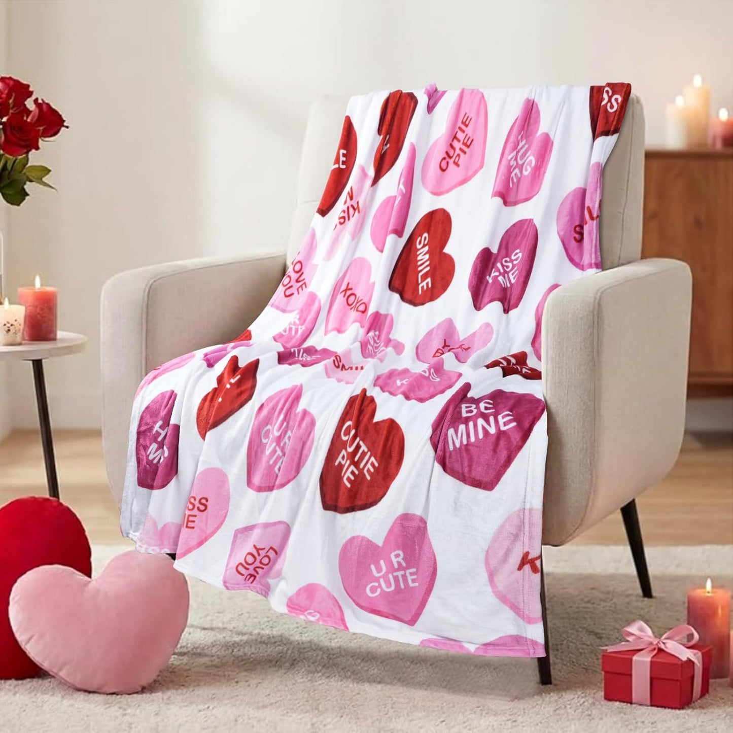 Valentines Flannel Throw Blanket 50" x 60", Pink Candy Hearts Soft Fuzzy Plush Cozy Fleece Blanket for Couch Sofa Bed, Holiday Throw Blanket for Valentines Day Wedding Ideal Gifts Option