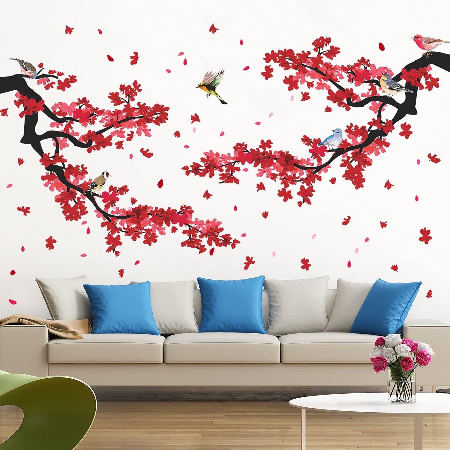 3D Red Plum Branch Wall Sticker Creative Flower Birds Frolic Pastoral Style Wall Decals Removable Peel and Stick for Kids Girls Bedroom Living Room Office TV Background Classroom Art Wall Decor (A)
