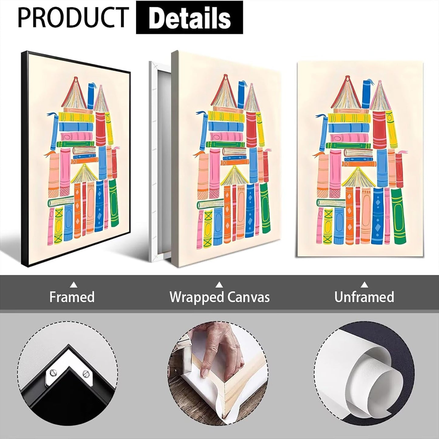 Colorful Books Castle Wall Art Modern Cozy Nursery Reading Canvas Prints Vintage Playful Poster Painting Whimsical Literary Aesthetic Picture Decor for Living Room Bedroom 12x16inch Unframed