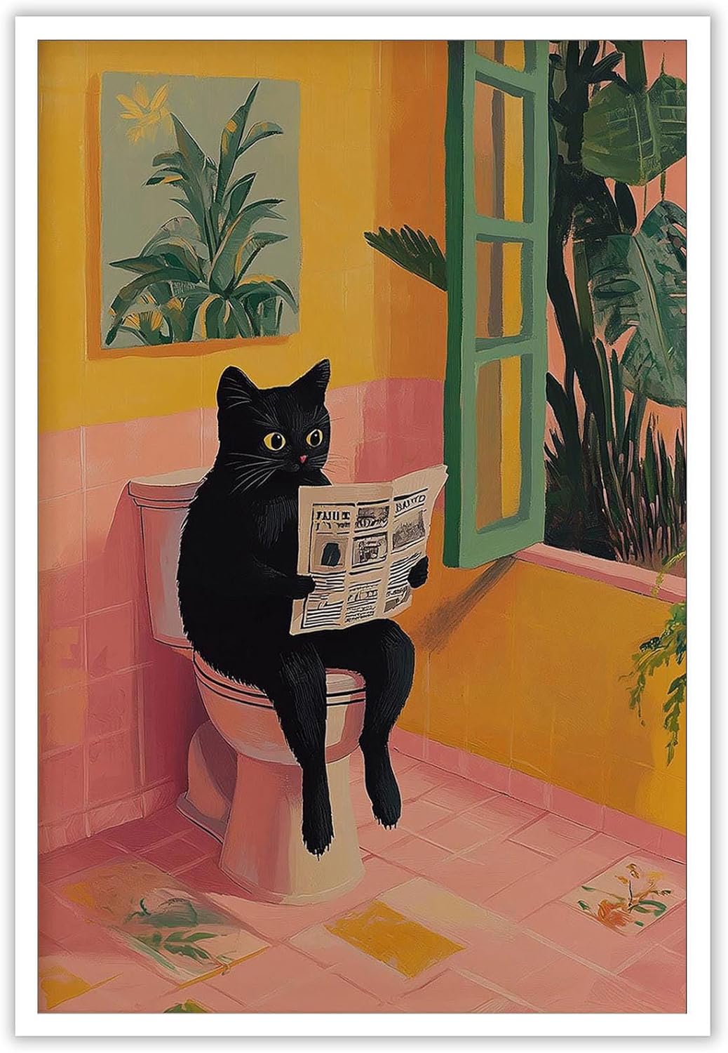 Vintage Funny Black Cat Reading Newspaper Posters Cute Animal Sitting On Toilet Canvas Wall Art Pink Yellow Bathroom Botanical Prints Painting For Home Bedroom Dorm Wall Decor 8x12in Unframed