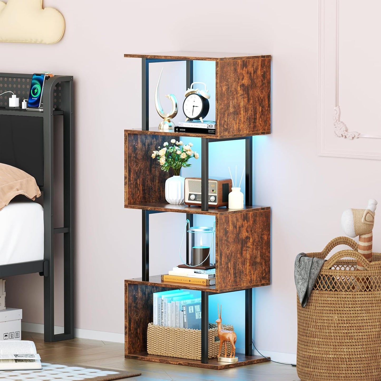 Furologee 5 Tier Geometric Bookshelf with LED Light, Small S-Shaped Bookcase, Industrial Display Standing Shelf, Metal Wooden Decorative Storage Shelves for Bedroom, Living Room, Office, Rustic Brown