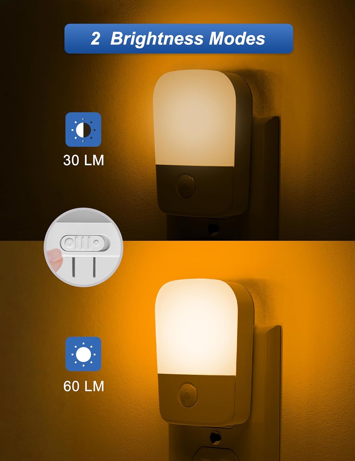 Amber Night Lights Plug into Wall, 2 Pack LED Bedroom Night Light with Dusk to Dawn Sensor, Brightness Adjustable, Plug in Night-Lights Suitable for Nursery, Kids Room, Bathroom
