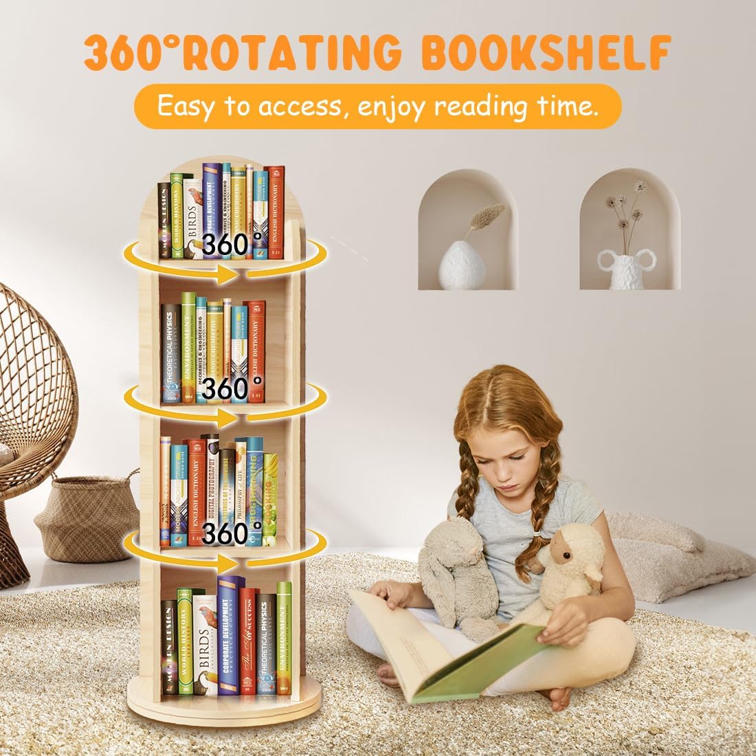 DELEMODUO Kids Rotating Bookshelf with Mirror, 48inch Wood Stading Floor Bookshelf for Small Space, 4 Tier Floor Standing Bookcase Storage Rack for Bedroom, Living Room, Study Room