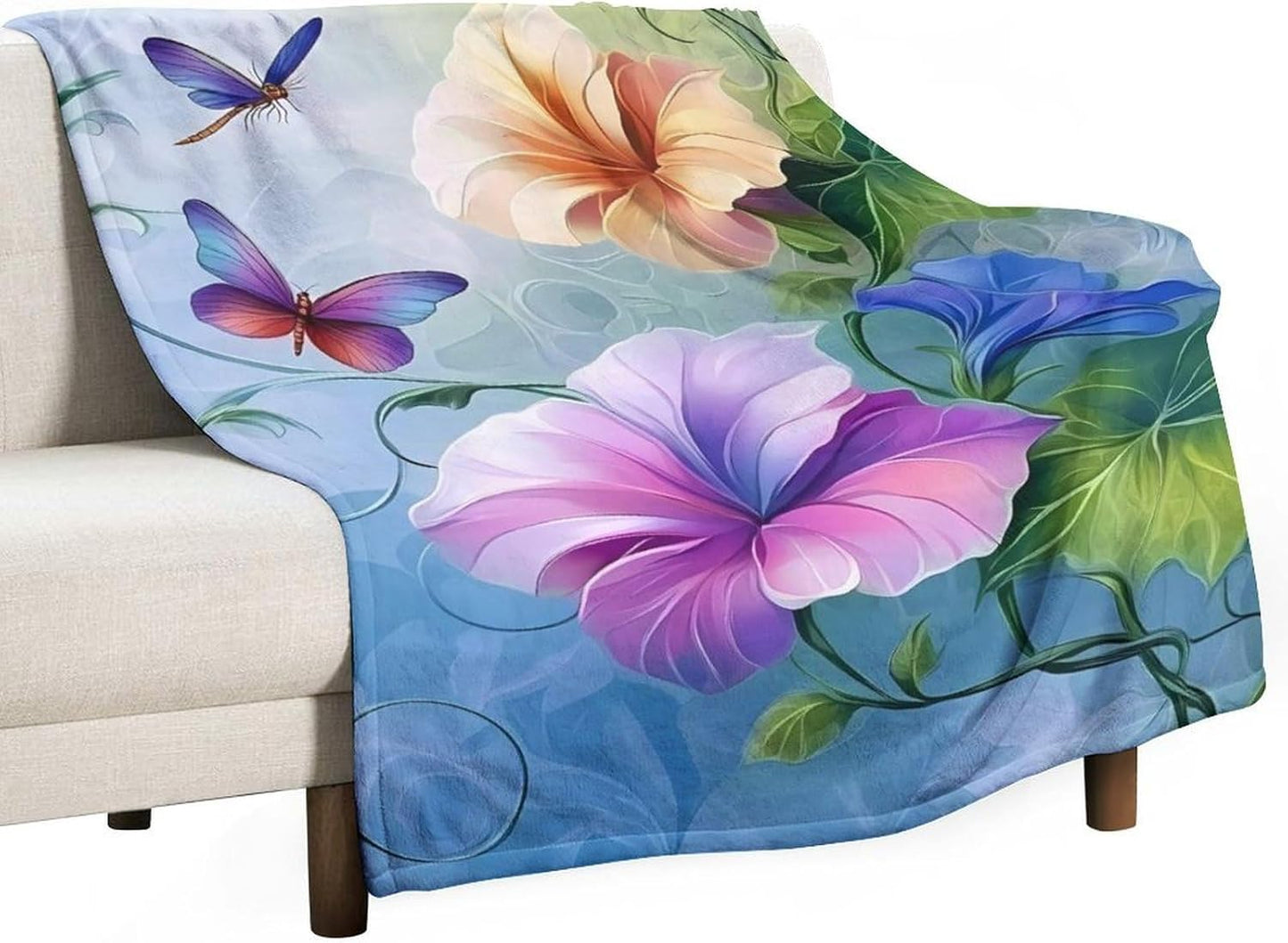 Dragonfly Cup Shaped Romantic Flowers Throw Blanket for Couch Bed Plush Cozy Fuzzy Flannel Blanket for All Season 55"x70"
