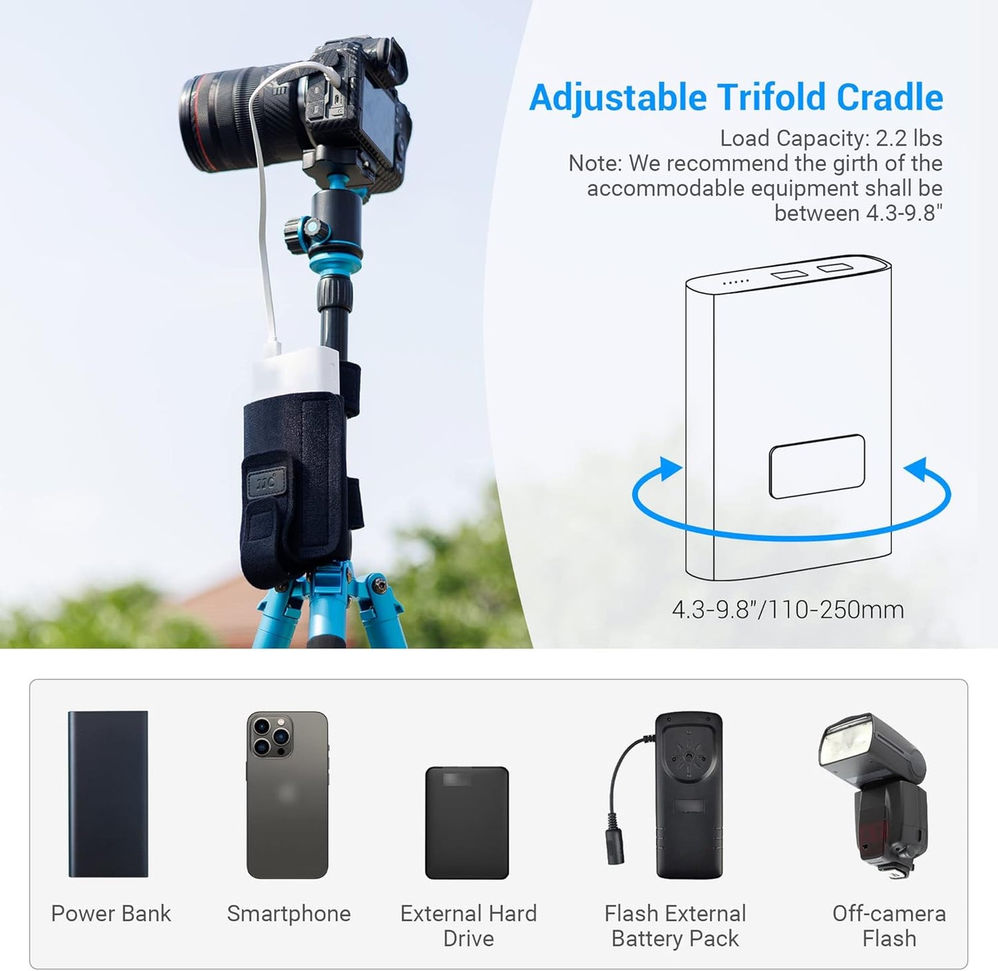 JJC Equipment Mounting Strap for Power Bank on Tripod for Long Time Photography,Remote/Off-Camera Flash Holder Strap for Photographer Videographer,Hard Drive/Computer Power/Smartphone Holder Strap