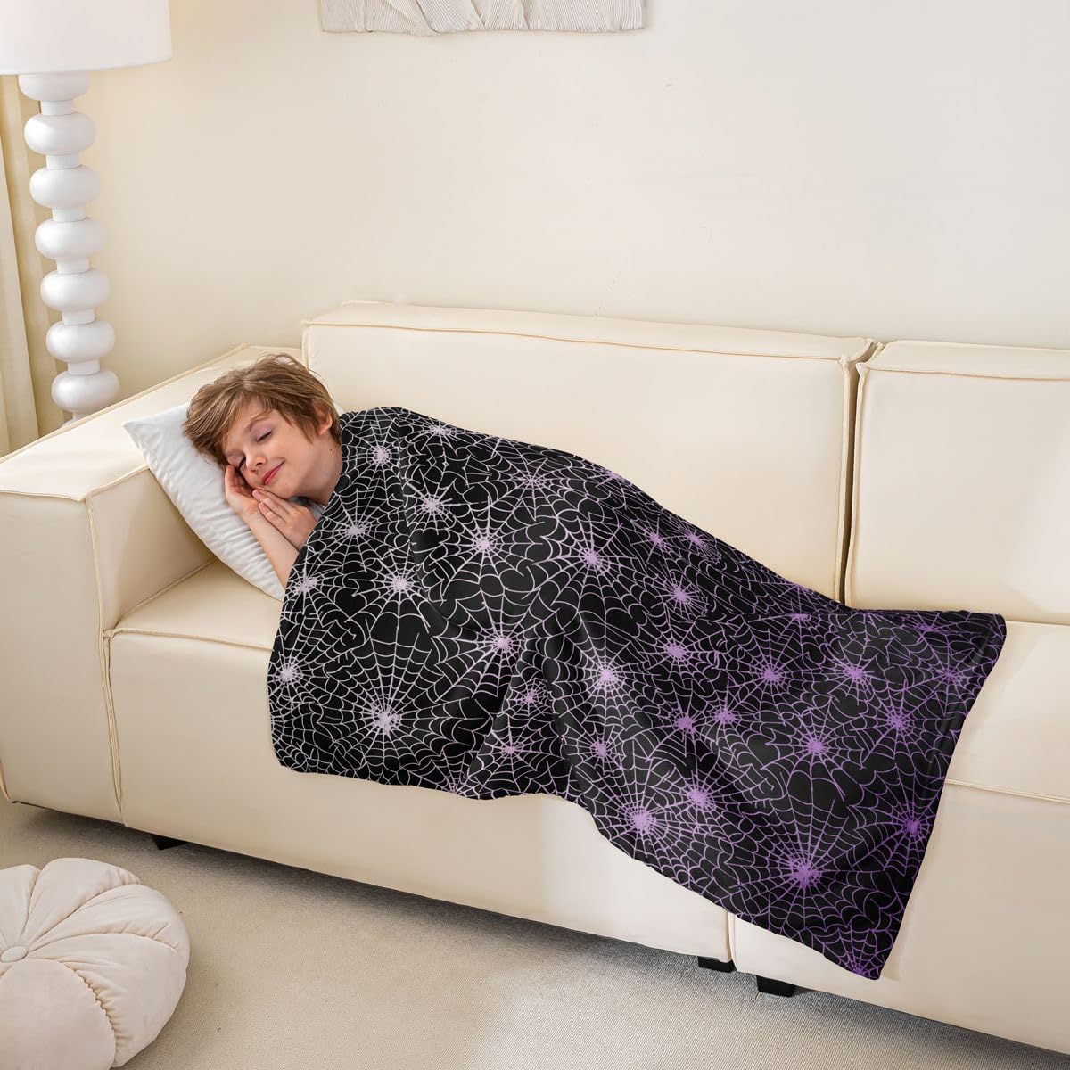 Spider Web Queen Inch Halloween Throw Fleece Blanket Geometric Stripes Lines Fuzzy for Adults, Purple Ombre Microfiber Bedroom Decor, Black White