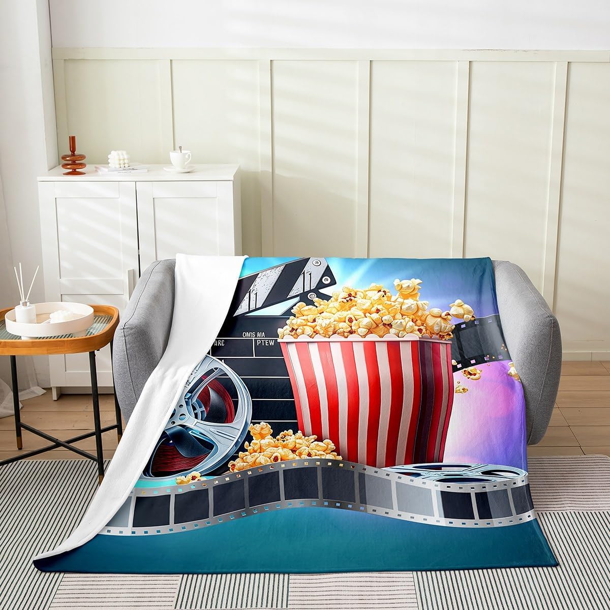 Erosebridal Vintage Cinema Theme Throw Blanket for Youth Teens Adults,Retro Movie Theater Fleece Blanket 40x50,Filmstrip Popcorn Flannel Blanket,Neon Night Film Bed Blanket Bedroom Decor