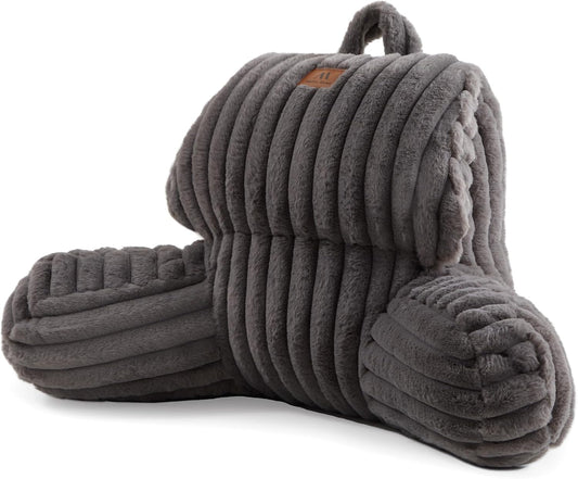 Amélie Home Faux Fur Reading Pillow with Pocket for Sitting in Bed, Kids Backrest Bed Pillow with Washable Cover for Lounging, Watching TV/Reading/Gaming/Resting/Post/Surgery/Nursing, Grey 17 inches