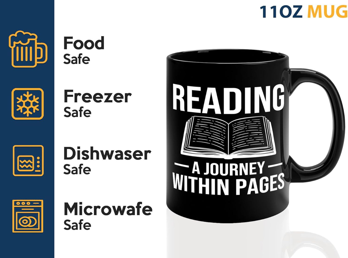 Book Lover Coffee Mug 11oz Black -Reading A Journey - Bookworm Literature Library Book Lover Reader Booked Editor Intellectual Studious