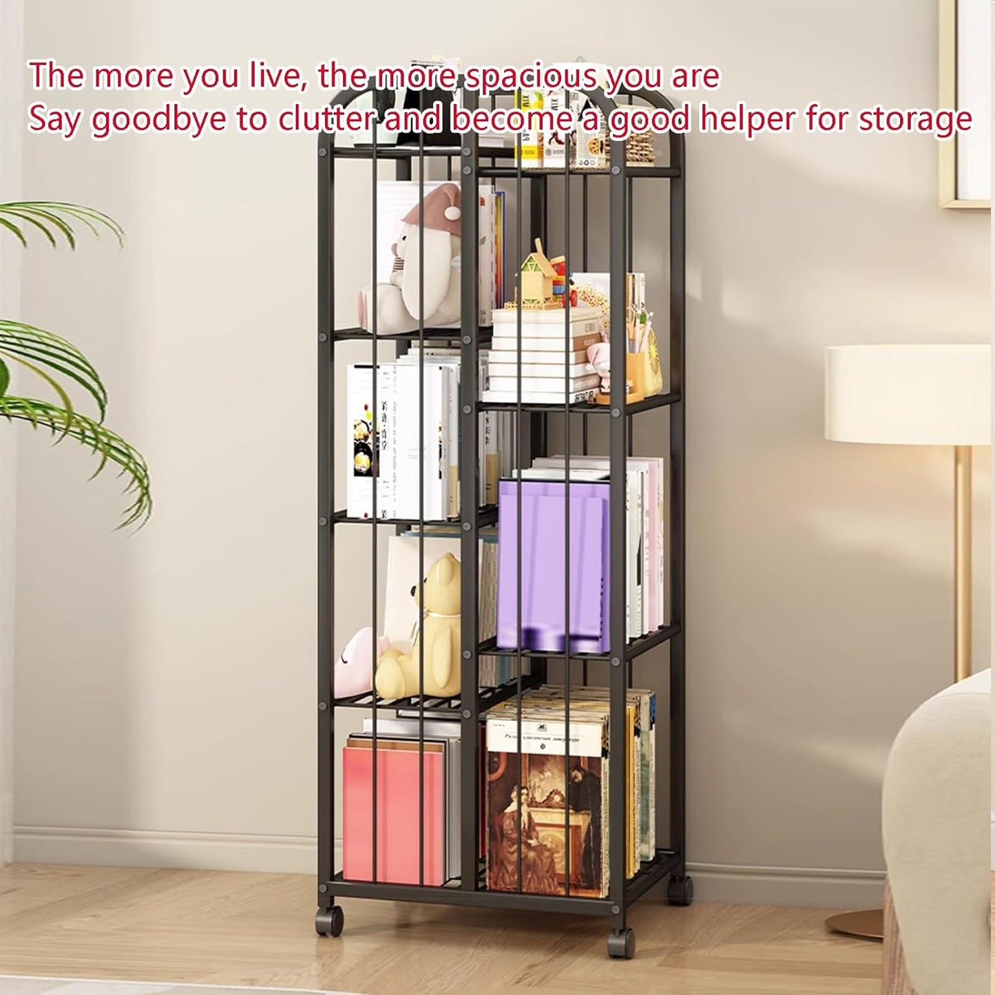 SEIFE Open Floor-to-Ceiling Invisible Bookshelf，Movable Creative Iron Storage Rack，Metal Tall Narrow Ladder Bookshelf,Tall Metal Bookcase Bookshelf with Wheels(White,124cm/48.8in)