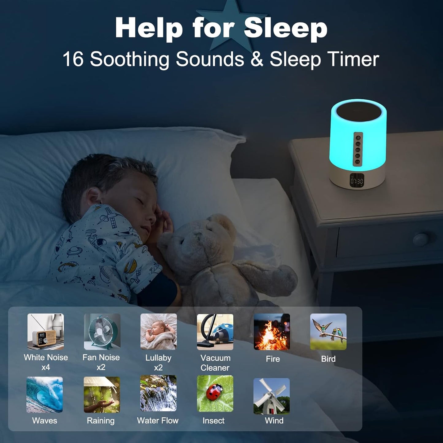 Night Light Bluetooth Speaker Alarm Clock, Sound Machine with White Noise, Touch Bedside Lamp, Dimmable Warm White Light, 48 RGB Color Changing, Ideal Gifts for 10-15 Year Old Teenage Boys Girls