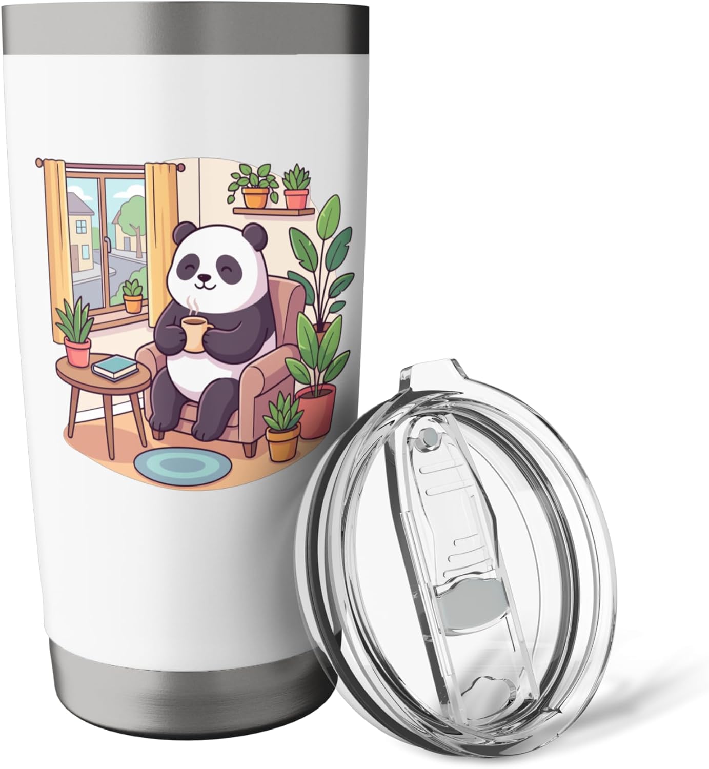 Relaxing Panda With Tea Cozy Reading Nook Plants Stainless Steel Insulated Tumbler