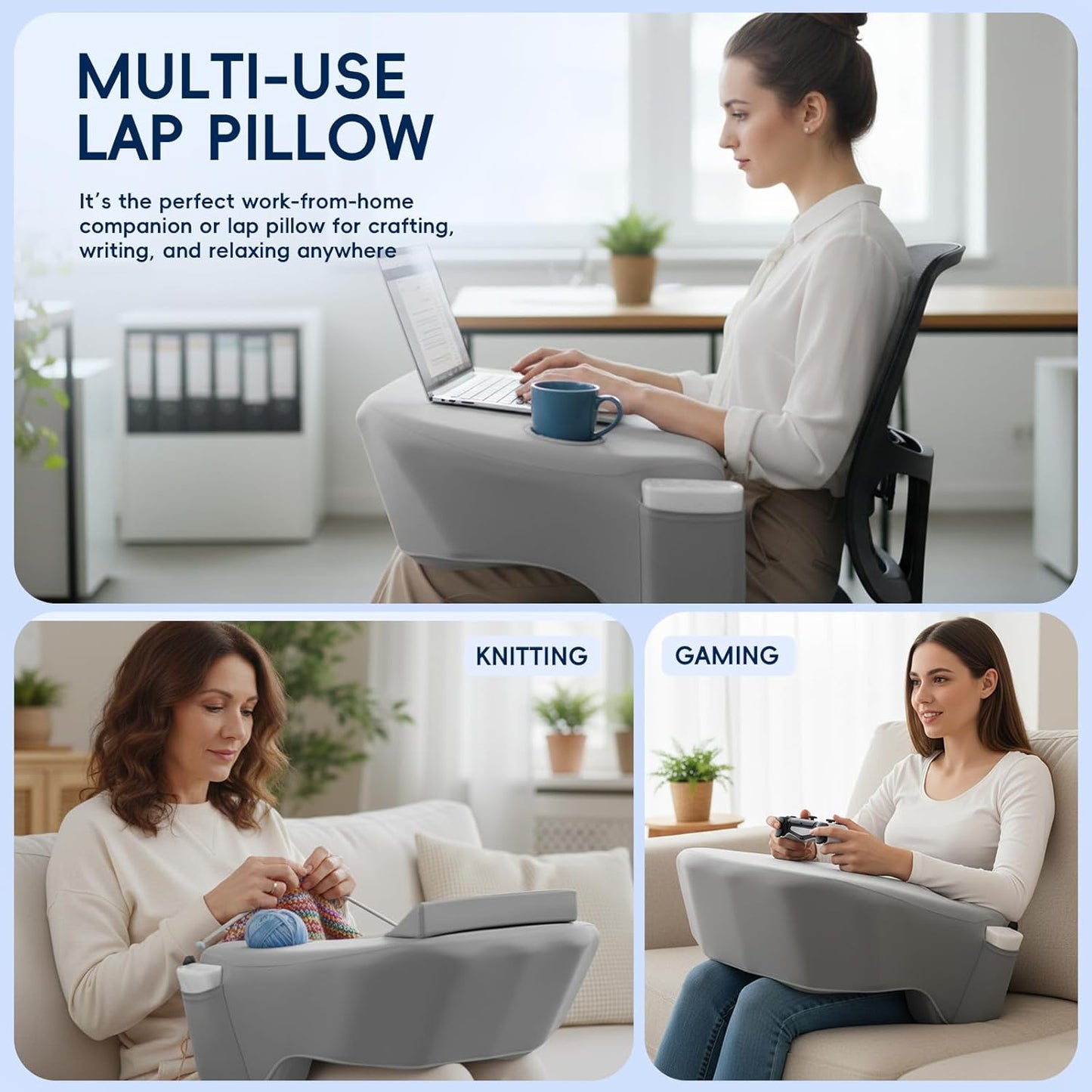 Reading Pillow, Lap Desk Pillow for Adult, Gaming Pillow for Arm Support with Cup Holder, Memory Foam Bed Desk for Working, Playing Game or Siting in Bed, Floor, Sofa (Grey)