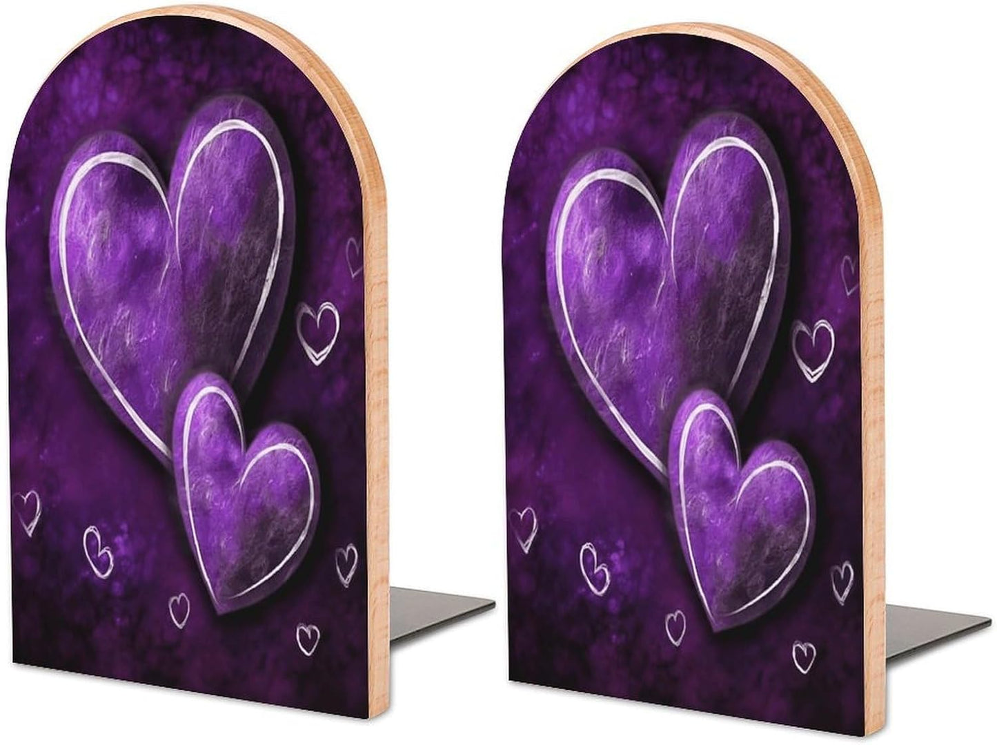 Purple Hearts Bookend for Shelves Wooden Book End Large Size Sturdy Book Holders Stoppers with Metal Base for Bookshelves Slick Decorative Bookends Stands