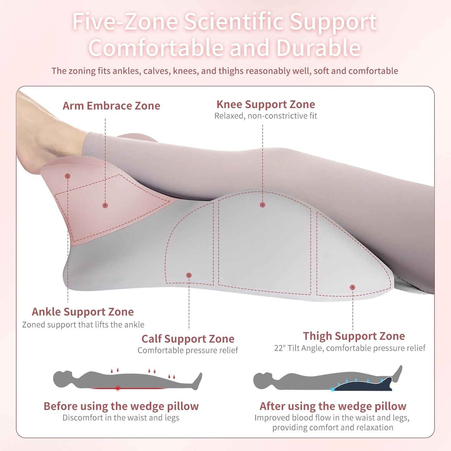 Adult Memory Foam Ergonomic Wedge Prone Pillow, Bed Pillow for Sitting Up, Back, Neck, and Leg Pain Relief, Anti Snoring, Ideal for Massage, Reading, Sleeping, with Removable Washable Cover, Pink