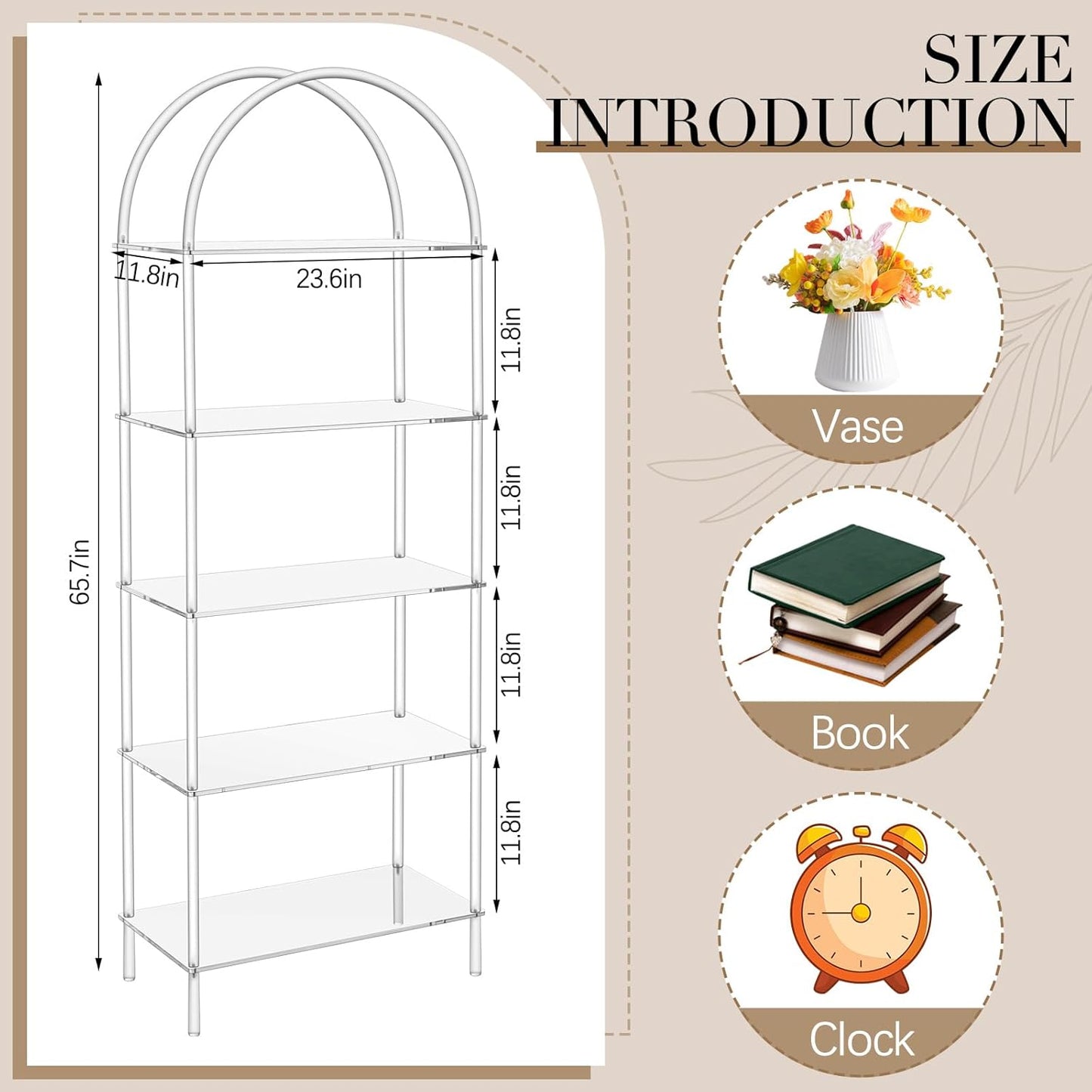 5 Tier Acrylic Arched Bookshelf Clear Book Shelf 11.8" D X 23.64" W X 65.7" H, 5 Tier Shelf Sturdy Open Display for Living Room Bathroom Office