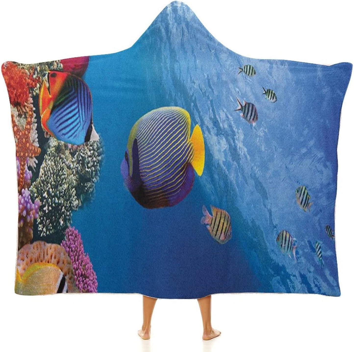 Throw Blankets, Under The Sea Women Men Hooded Blanket, Tropical Emperor Long Living Angelfish in Underwater, Soft Warm Cozy, 50 x 60inches, Studying Reading Snuggling Napping Office, Blue