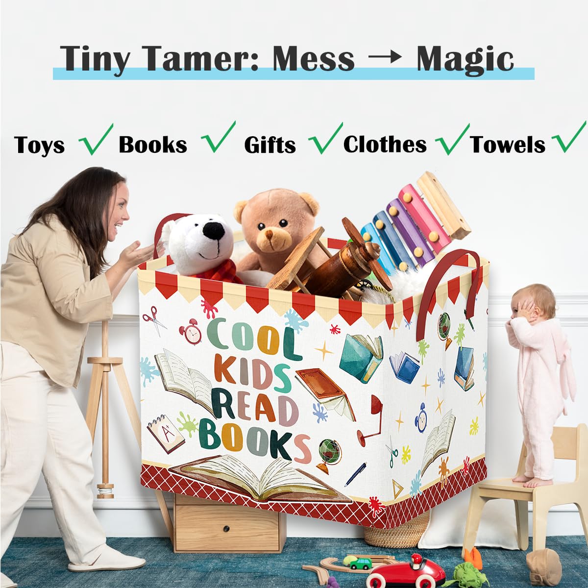Runtoo Cool Kids Read Books Storage Bins Inspirational Quotes Book Basket Toys Box Organizer for Kids Nursery Classroom Baby Book Shelf