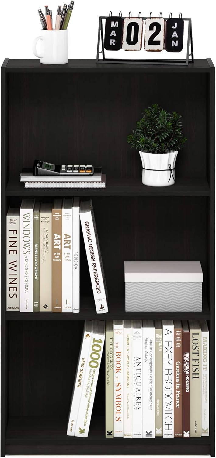 FURINNO Basic 3-Tier Bookcase/Bookshelf/Storage Shelves, Dark Espresso 9.25D x 21.73W x 39.5H in