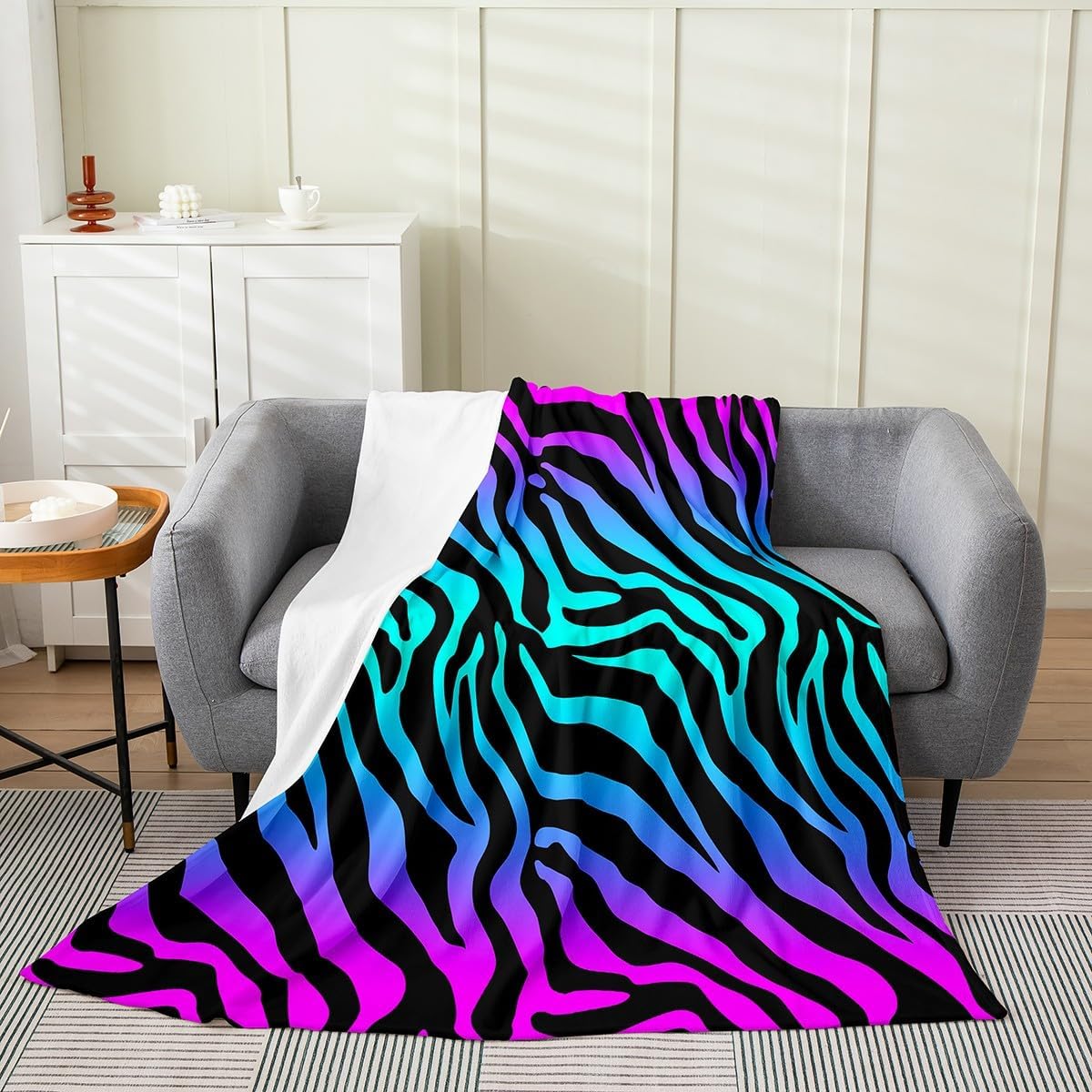 Zebra Stripes Fuzzy Blanket Animal Skin Print Flannel Fleece Throw Blanket for Sofa Couch Abstract Geometric Ultra Soft Bed Blanket Blue Purple Blanket 90"x90"