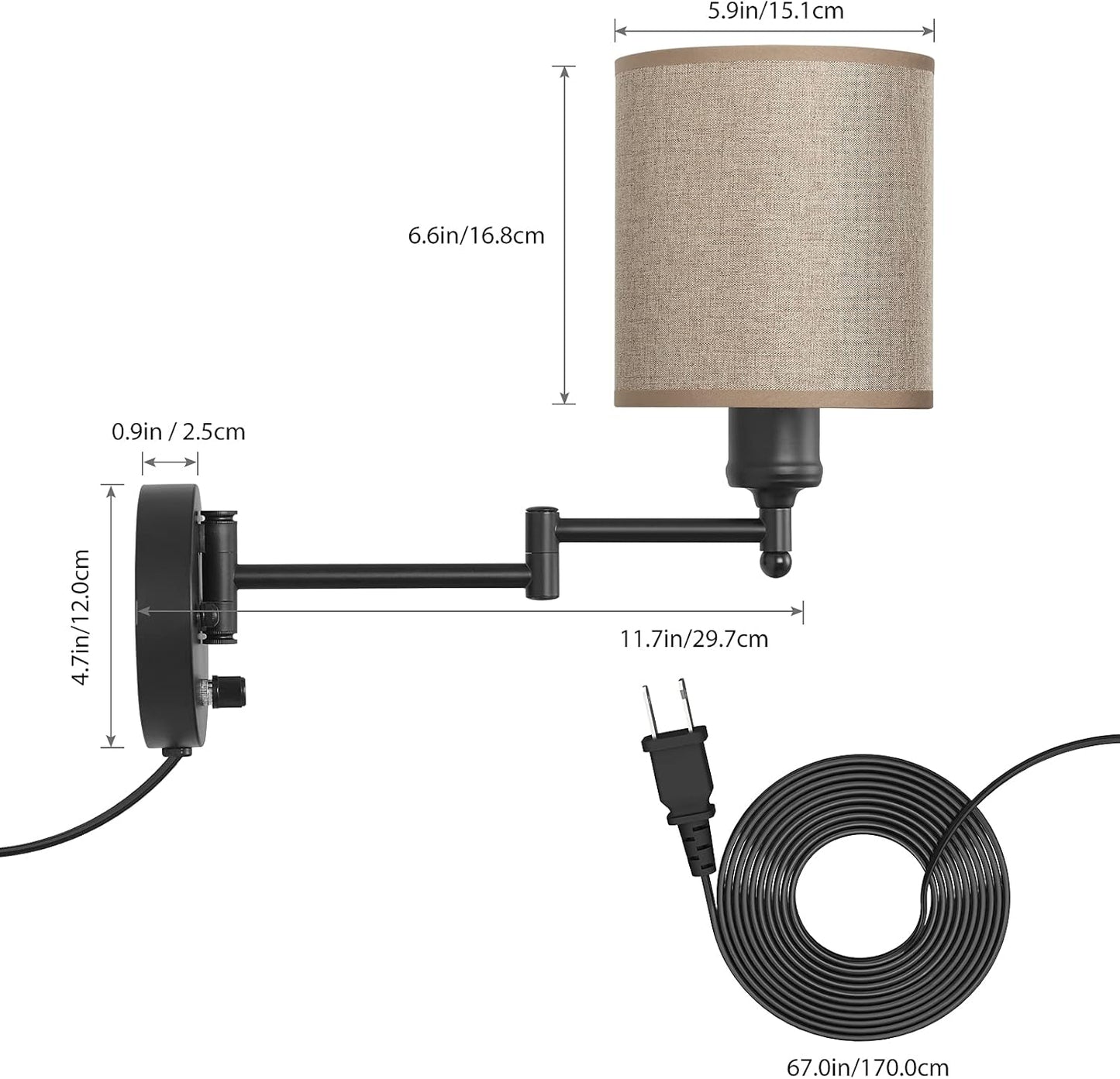 CADUKE Wall Lamps Plug in, Swing Arm Wall Sconce Set of 2 with Light Brown Lampshade, Modern Bedroom Wall Lights Fixtures, Bedside Wall Reading Lights