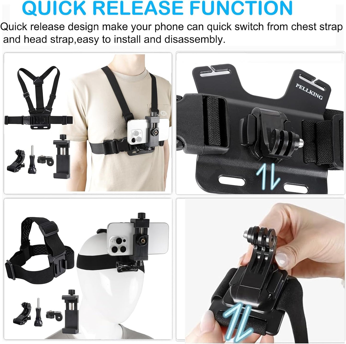 PellKing Mobile Phone Chest Strap Harness Mount Head Strap Holder Kit for POV/VLOG,Cell Phone Clip Compatible with iPhone,Samsung,GoPro Hero 9, 8,7, 6, 5, 4, 3,2, 1,AKASO,DJI Osmo,and Action Cameras…
