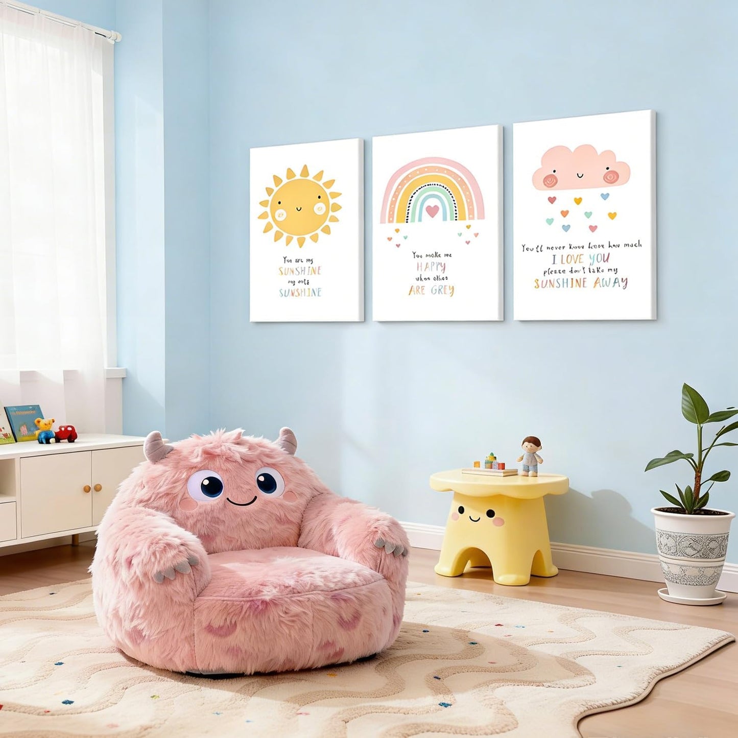 NCCXNCC 3Pcs Children's Room Canvas Wall Art Cute Sun Rainbow Cloud Painting Pastel Baby Room Wall Decoration Artwork Simple Children's Room Poster Print Suitable for Nursery Bedroom 16x24Inch Framed