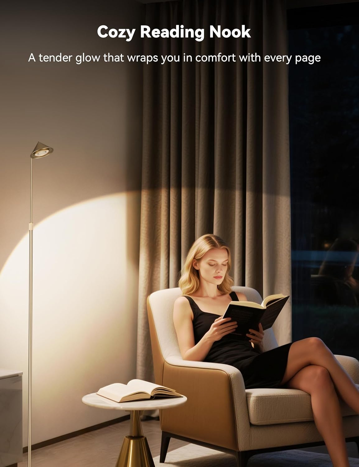 Tubicen Gold Floor Lamp, Flexible Up and Down Rotateble 150 Degree, 3-Stage Touch Dimmable LED Corner Floor Lamp for Bedroom, Adjustable Heights, Modern Standing Lamp for Reading, Sewing, Crafting