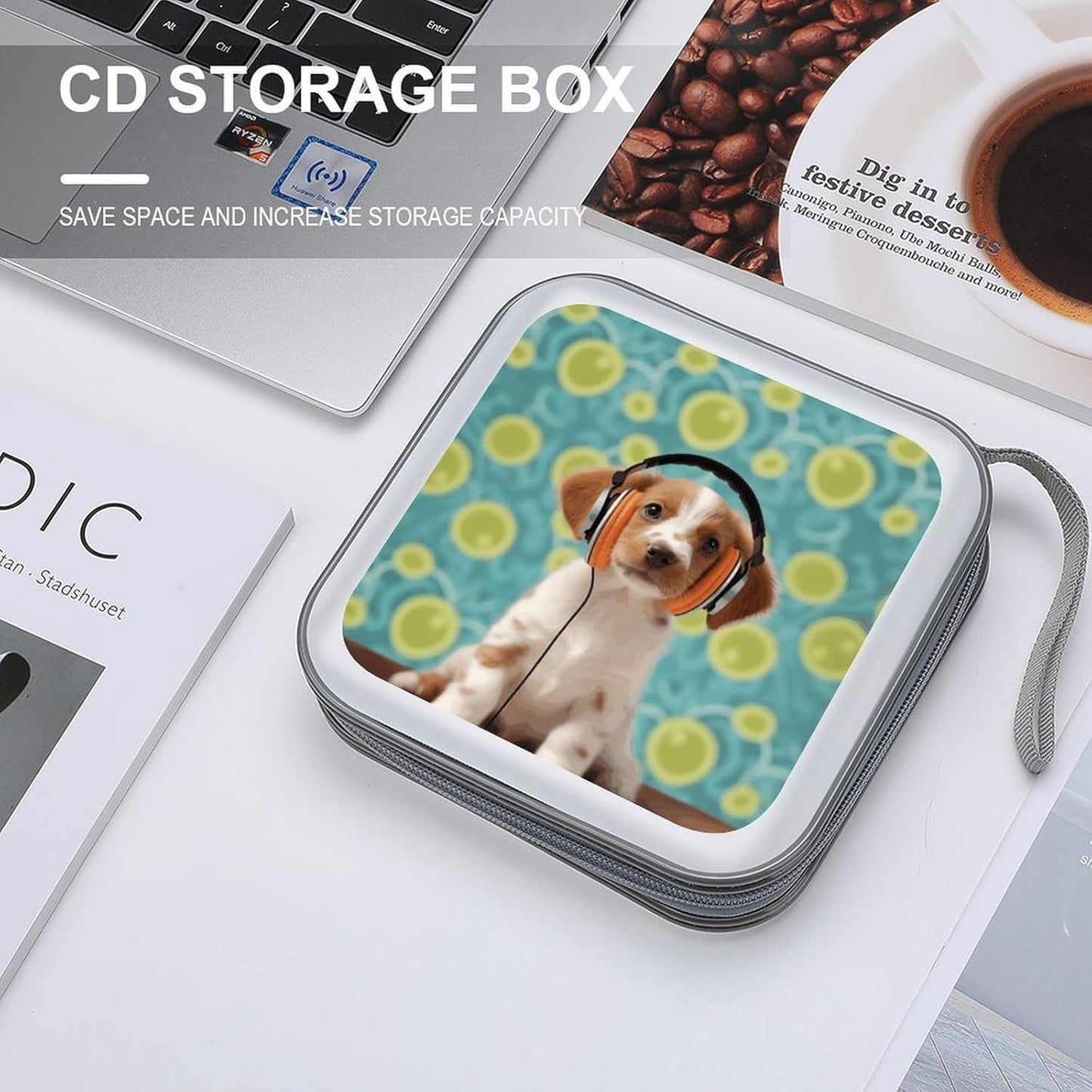 Puppy with Headphones CD Case 40 Capacity Case Zipper CD Collection Bag with Handles Cover DVD Storage Hard Plastic DVD Disc Cases Storage Binder for Car Home Office Travel