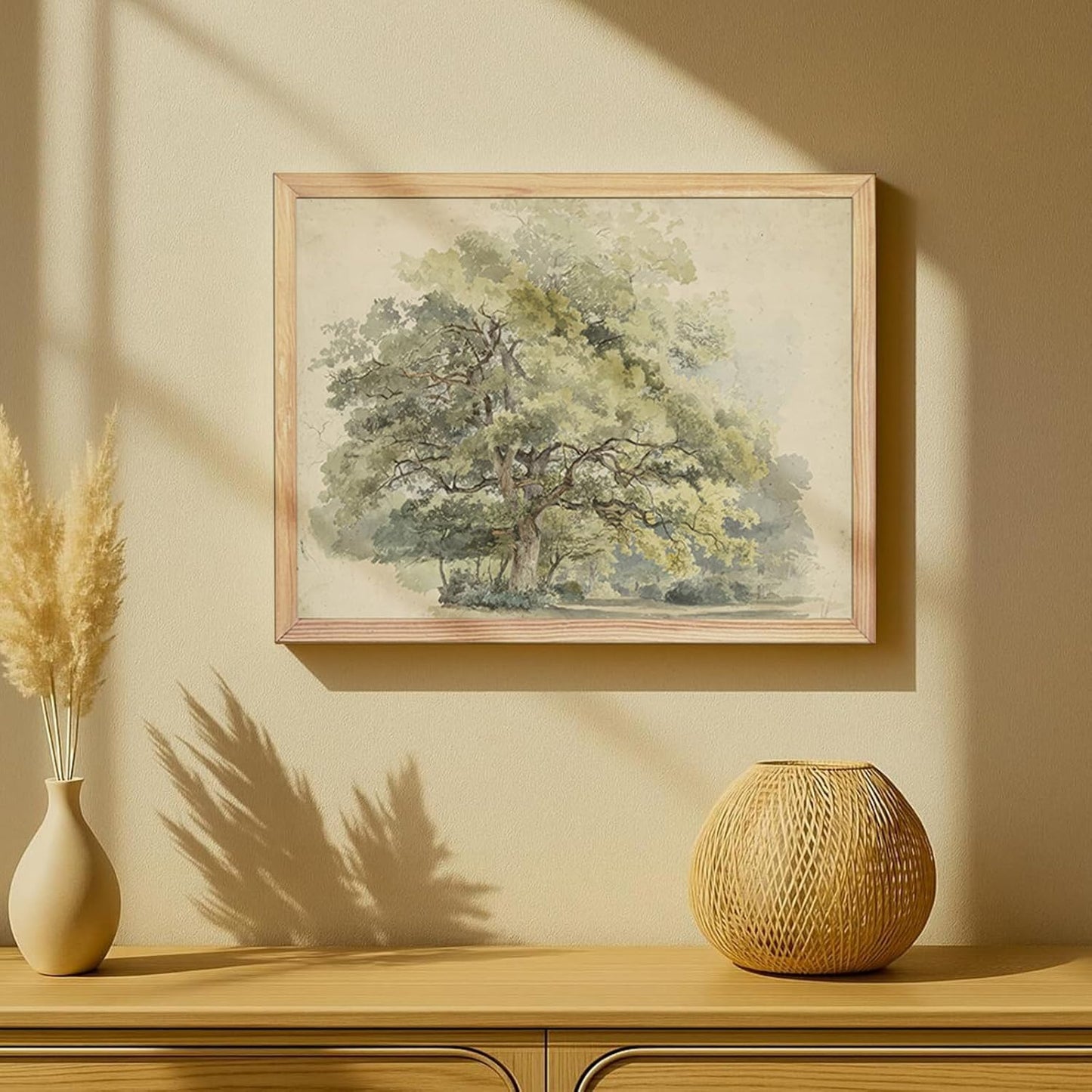Watercolor Oak Tree Wall Art 16x24Inchs - Green Nature Landscape Painting Print with Light Wood Frame, Rustic Farmhouse Home Decor for Living Room Bedroom Office, Framed Canvas Picture Poster