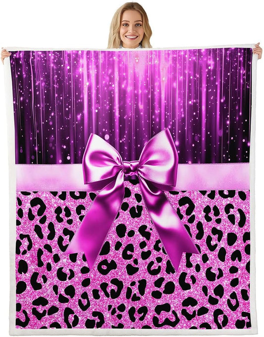 Feelyou Pink Purple Leopard Sherpa Blanket Plush Fuzzy Cute Bow Fleece Throw Blanket Boys Girls Sweet Animal Pattern for Bed Couch Chair Living Room Coquette Aesthetic Bedroom Decor 40"x50"