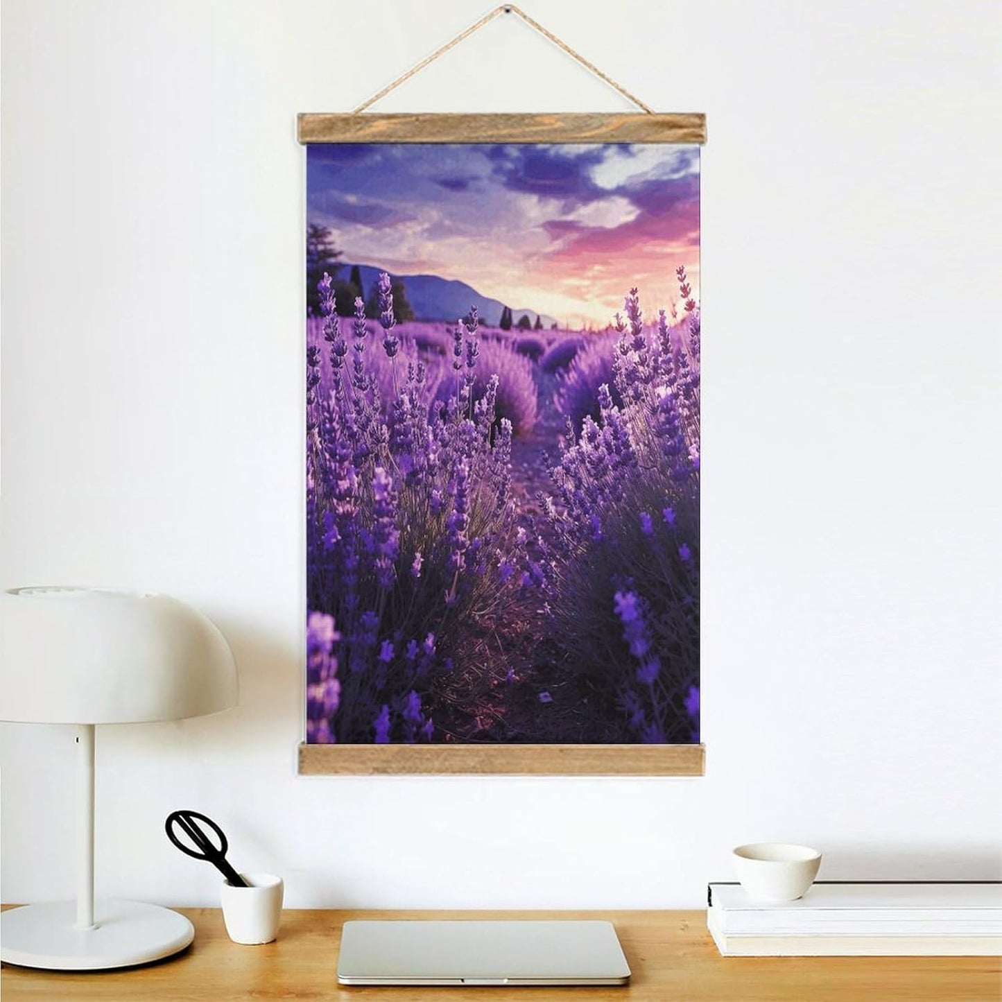 Vintage Purple Lavender Poster with Wooden Frame Personalized Linen Hanging Scroll Painting Rustic Wall Hanging Illustrative Modern Artwork Decor for Home Living Room Bedroom Office