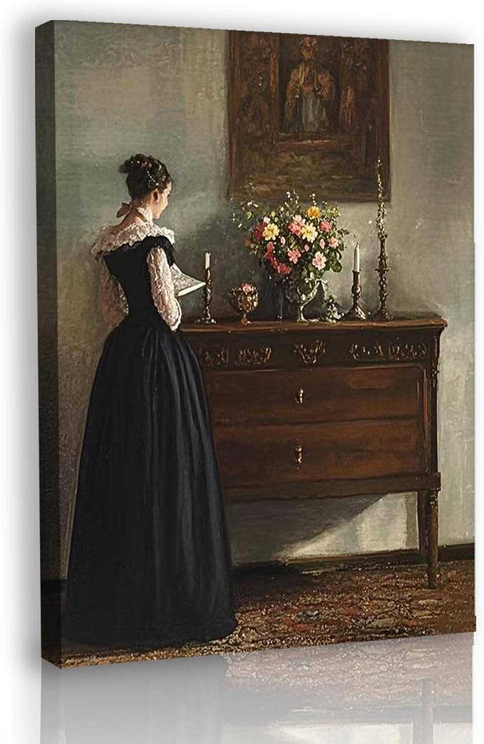 Yxhyenith Wall Art Pictures, Retro Women Painting Prints, Vintage Portrait Canvas Wall Decor for Bedroom Gallery Living Reading Study Room (Candlestick Woman, 12×16Inch, Framed)