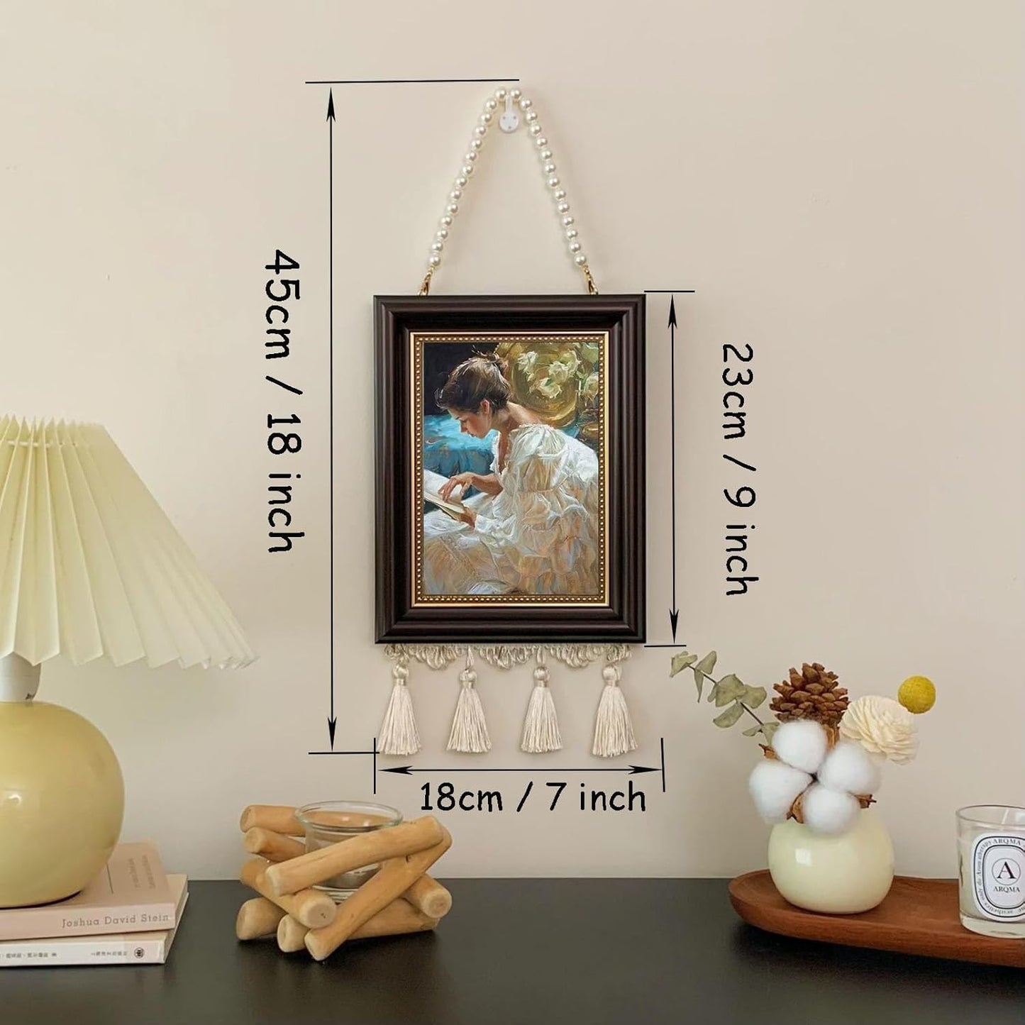 Vintage Framed Wall Art Prints- Classic Impressionist Reading Woman/Girl Painting, Elegant Pearl Chain & Tassel Hanging Decor for Bedroom, Living Room, Bathroom, Farmhouse & Boho Home Decor, 7x18 Inch