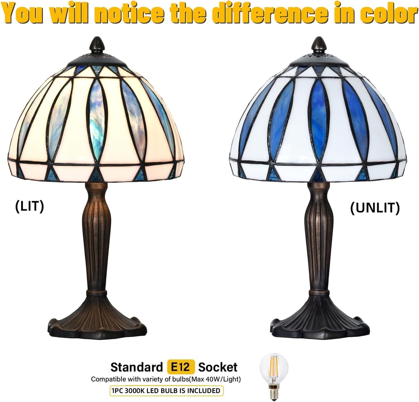 TL0034 Tiffany Style Table Lamp with Stained Glass Shade, Vintage Bronze Base W 8" x OH 14.25", Great for Home Office Small Space, LED Bulb Included (Blue White)