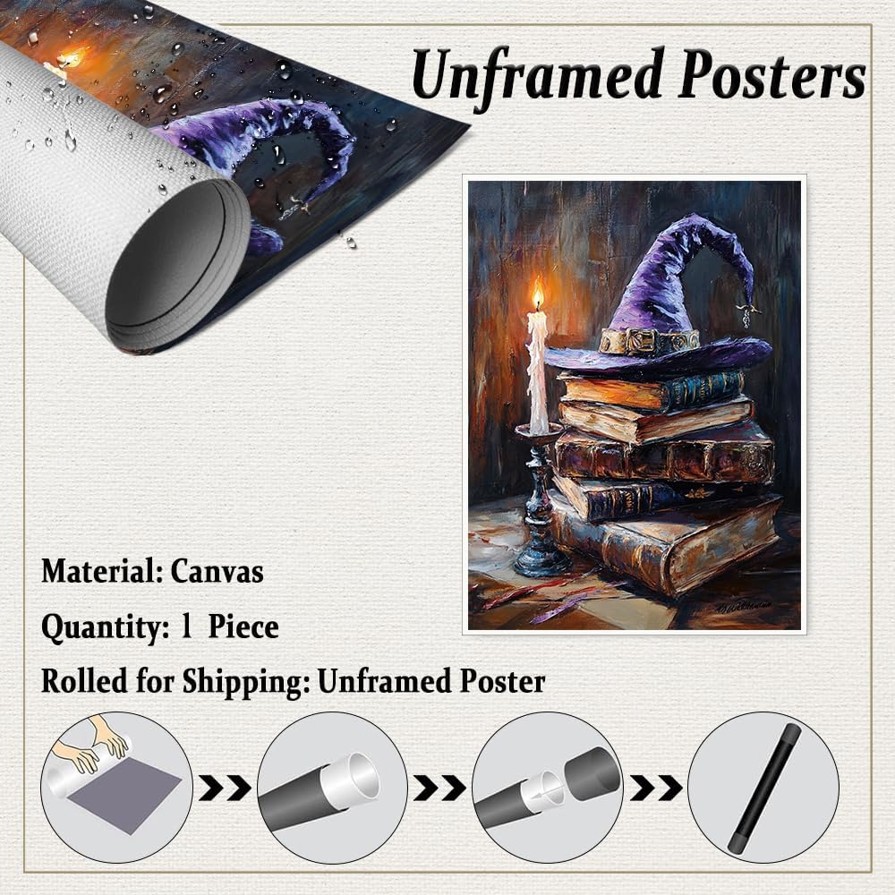 Witch Hat and Antique Books Wall Art Print – Magical Candlelight Painting for Witchcore Academia or Halloween Library Decor Vintage Fantasy Aesthetic 12x16in Unframed