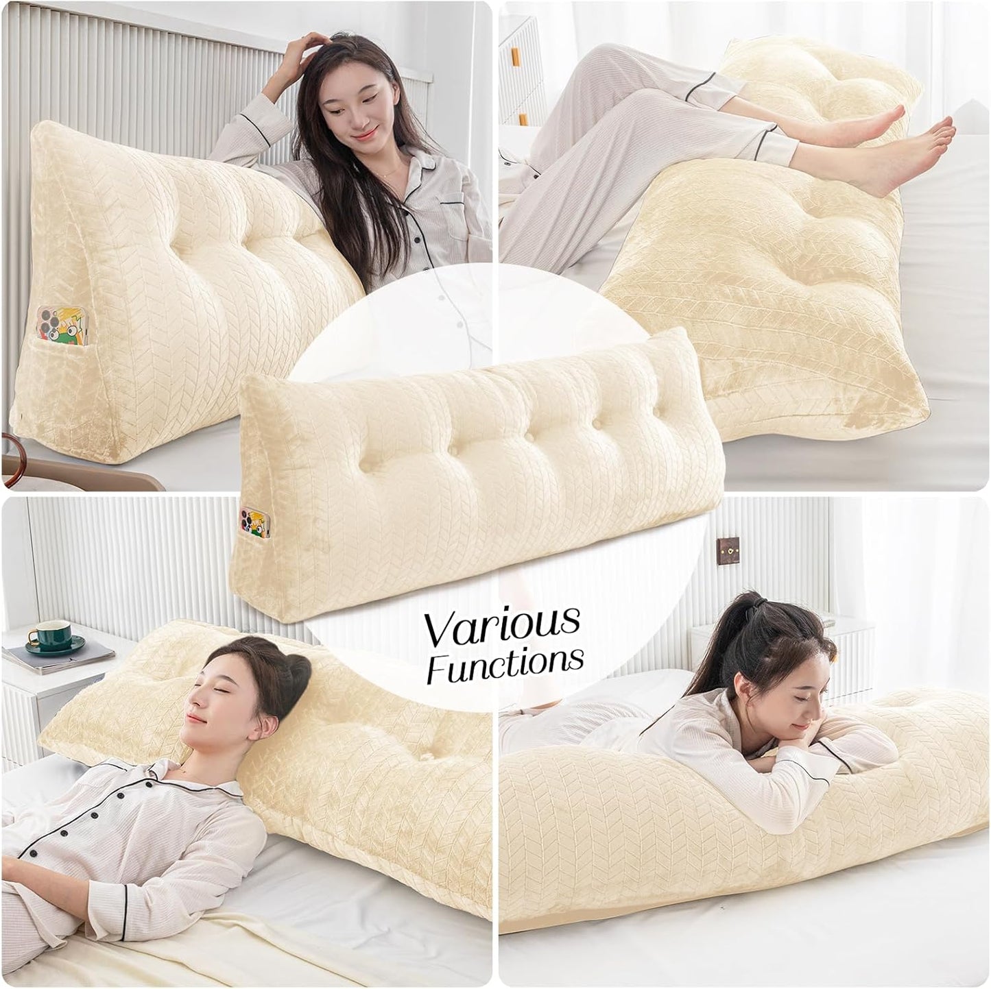 Large Triangular Wedge Headboard Pillow Large Bolster Headboard Back Support Backrest Positioning Reading Pillow for Sitting with Removable Cover