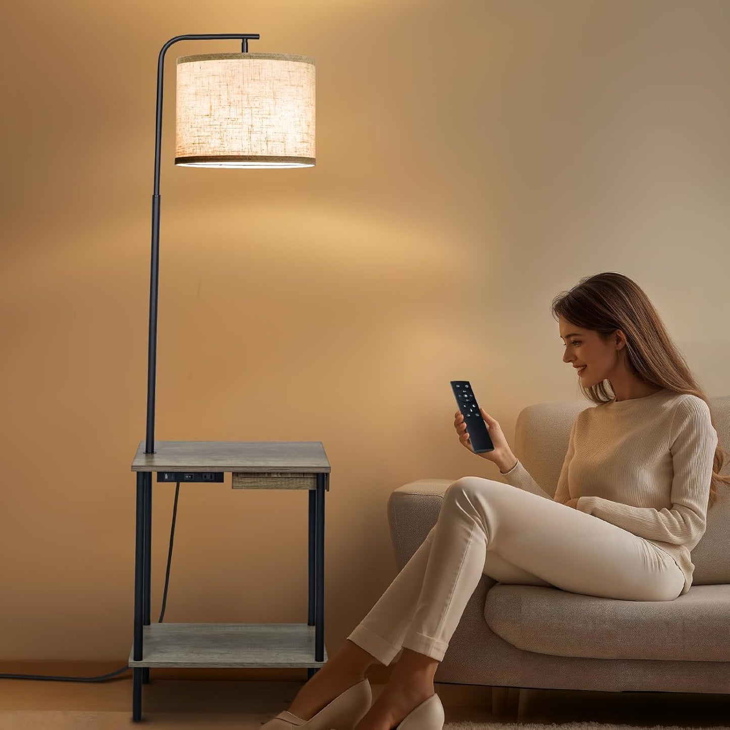 Floor Lamp with Table & Drawers, End Table Lamp with USB Charging Portt Power Outlet and Shelves, Side Table Reading Light with 3 Color Temperature Led Bulb Included for Living Room, Gray