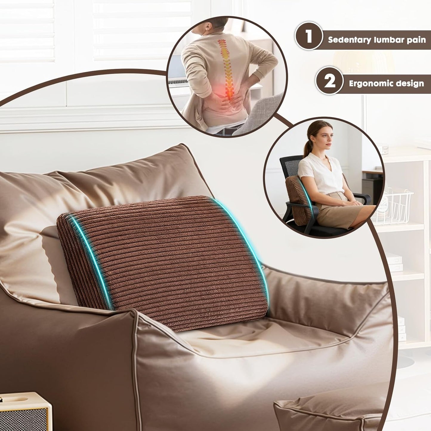 Large Lumbar Cushion Lumbar Support Pillow, Ergonomic Lumbar Pillow with Machine Washable, Help Relieve Pain of Back, Lumbar, Tailbone and Sciatic Nerve Support. (Brown)