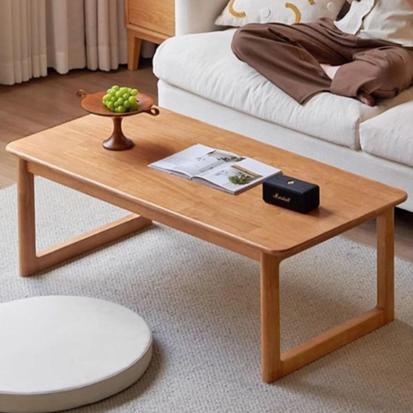 New Chinese Solid Wood rectangular Coffee Table Farmhouse Rubberwood Center Low Table for Living room Stable Zen-Inspired Tea Tables Rounded corners Space Saving(Wood,120*56*42cm/47.2*22*16.5in)
