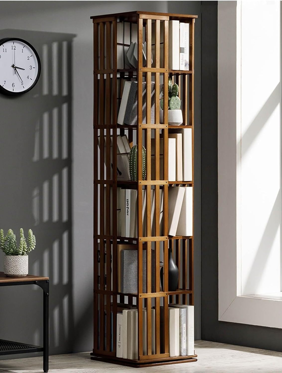 5/6 Tier Bamboo Rotating Bookcase - 360° Bookshelf Tower Organizer, Corner Cabinet for Bedroom, Living Room & Office Storage, Freestanding Book Rack