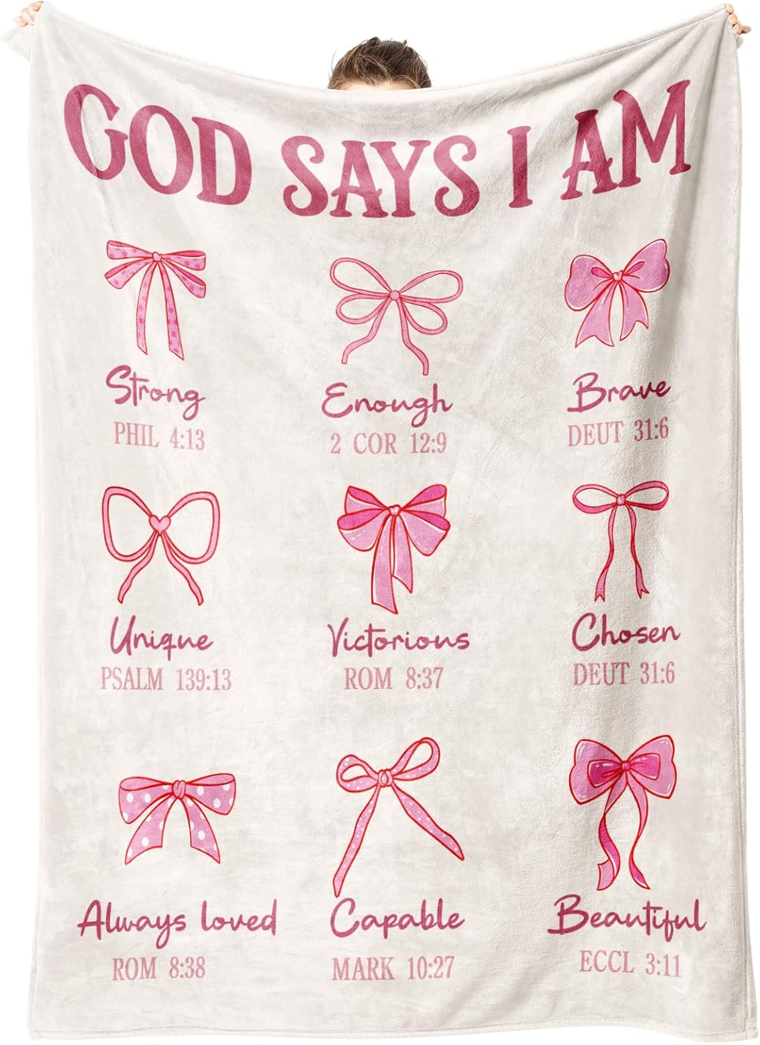 Baptism Gifts for Girls, Pink Bow Blanket, Christian Gifts for Women Birthday, Religious Inspirational Spiritual Confirmation Gift for Teen Girls, God Says I Am Bible Verse Blankets 60" x 50"