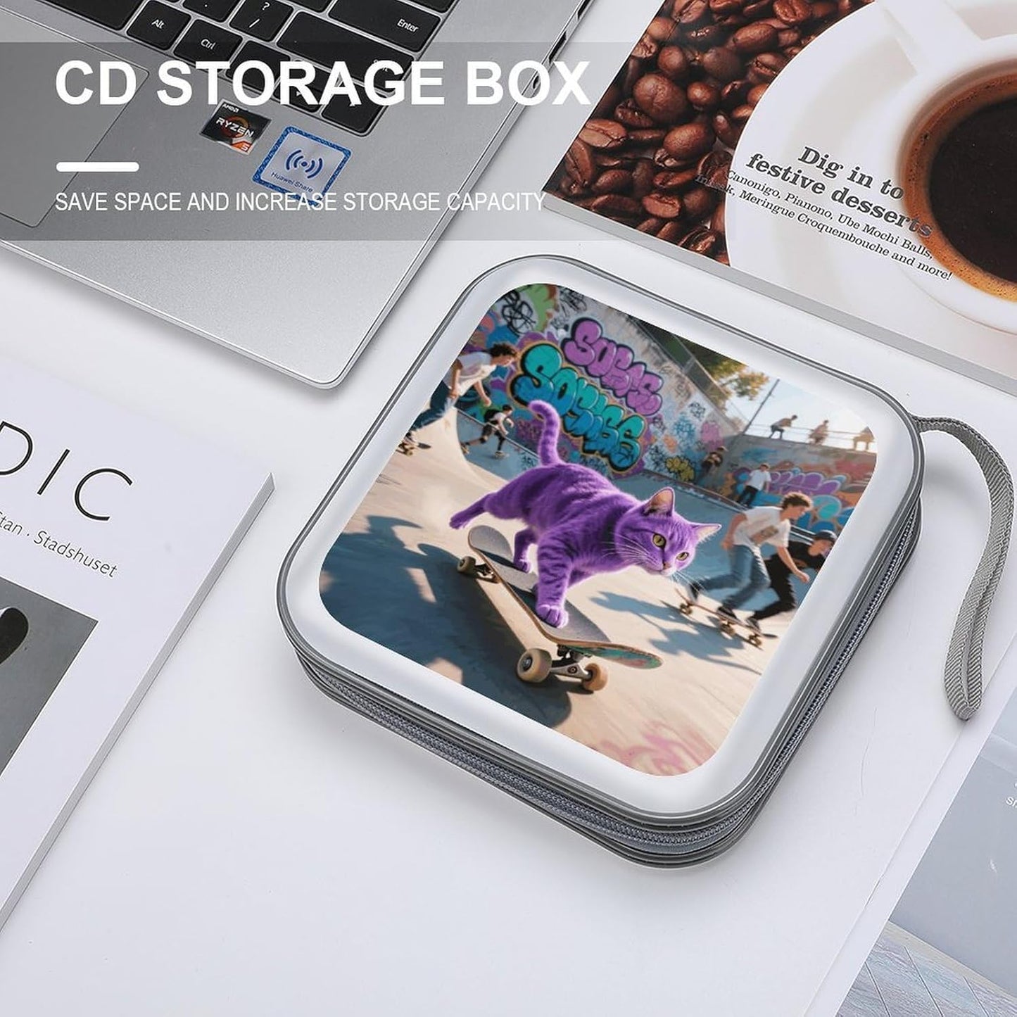 Skate Cat CD Case Portable Zipper CD Case 40 Capacity Hard Plastic DVD Cases Holder Large Storage Disc Wallet Bag for Car Home Travel DVD Collection Bag