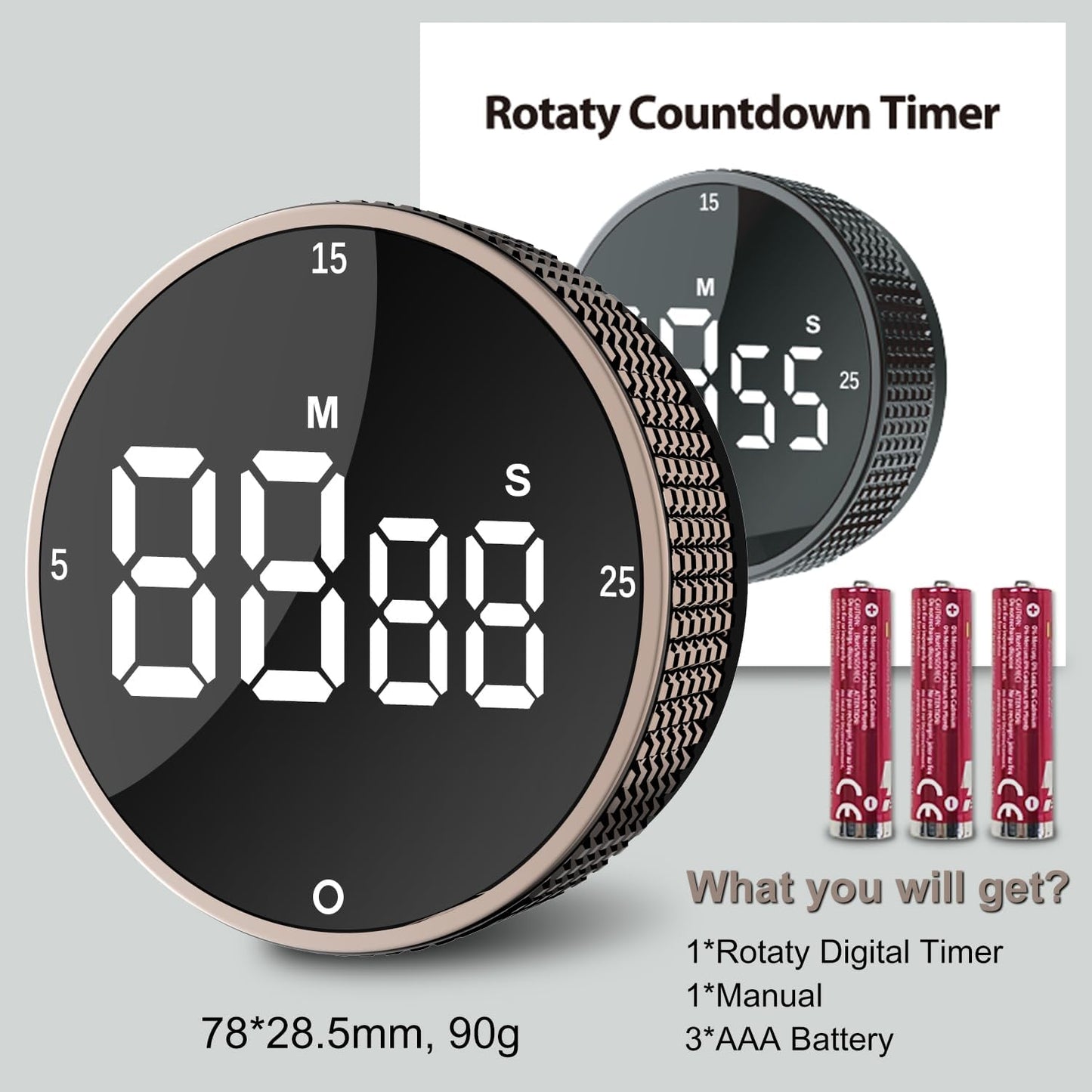 Digital Kitchen Timer with LED Display, 99 Minutes Rotating Pomodoro Timer for Classroom, Fitness, Office, Magnetic Countdown & Countup Time Management Tool.
