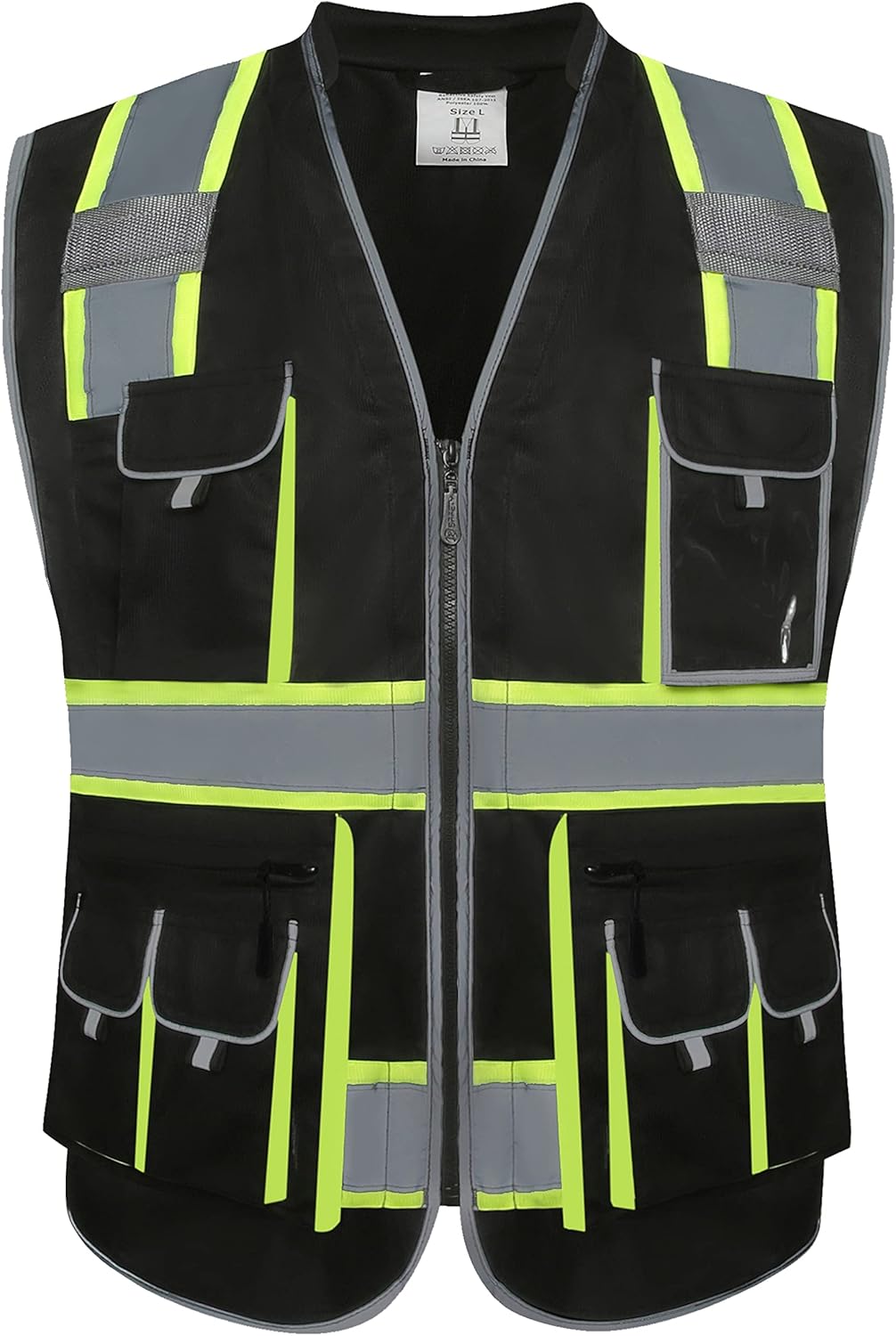 JKSafety 10 Pockets Hi-Vis Zipper Front Black Safety Vest | Cushioned Collar | High Reflective Tapes with Extended Neon Yellow Strips | Meets ANSI/ISEA Standards (Large, 89-Black)