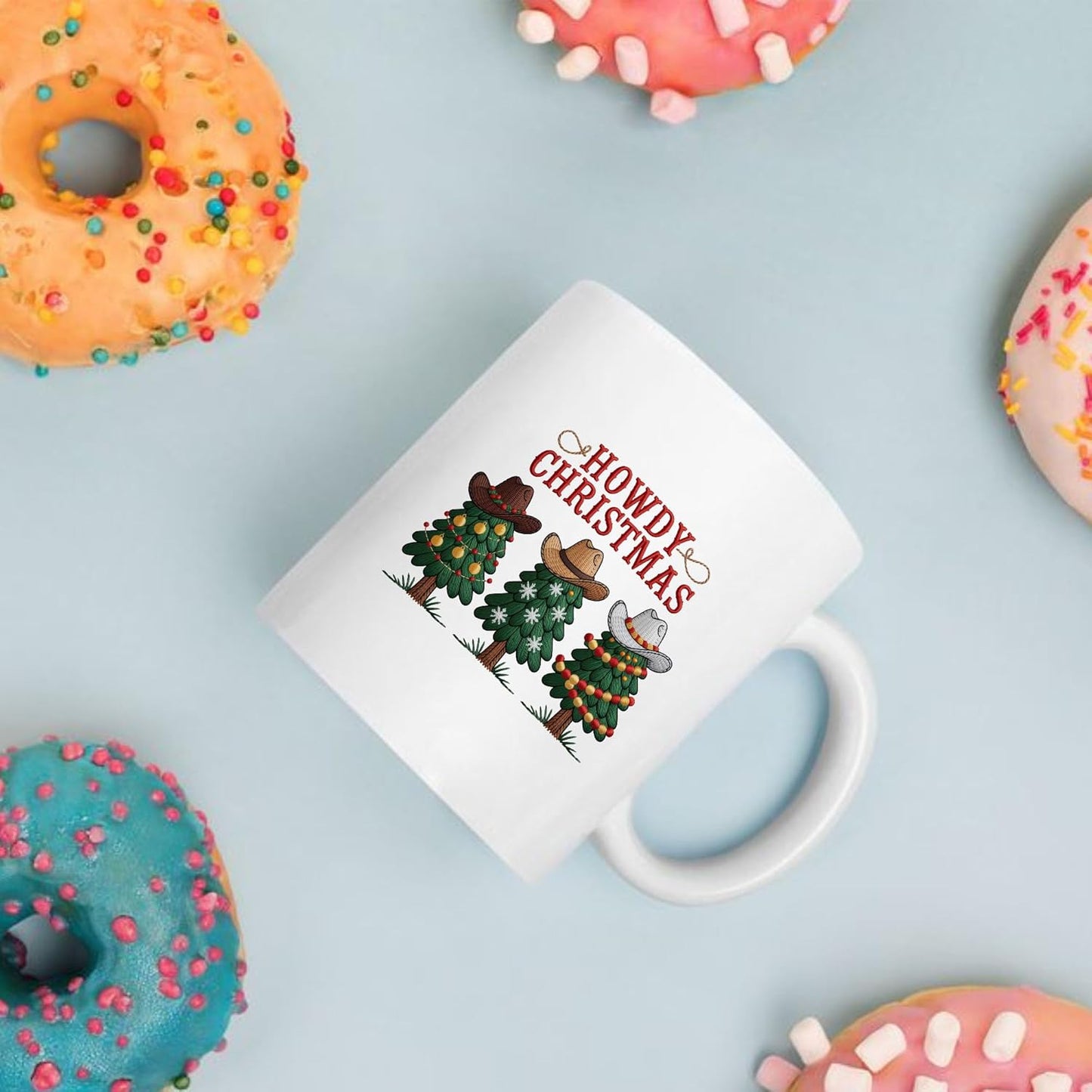 Howdy Christmas Tree Wearing Cowboy Hat Funny White Mugs, 11oz 15oz Drinking Cups, Kitchen Décor, Gifts For Book Lovers