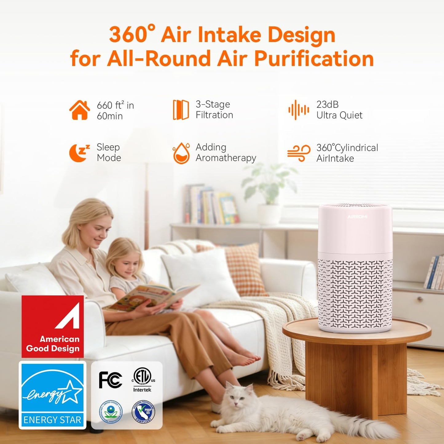 AIRROMI Pets Air Purifier for Home Allergies,Up to 660 ft². HEPA Deodorizing Activated Carbon Filter,With Fragrance Sponge for Better Sleep,Night Light,Pet Dander,Smoke,Odors,Air Cleaner A2002 Pink
