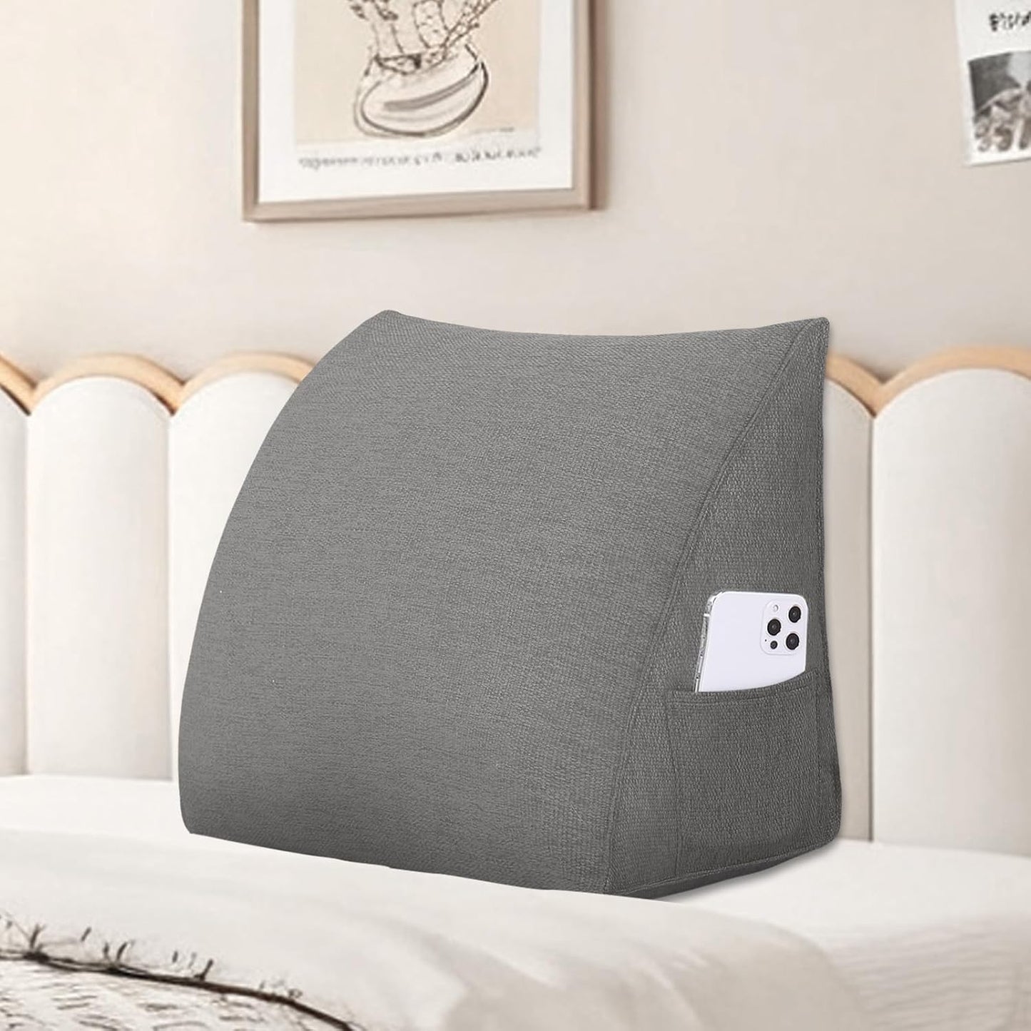 Wedge Headboard Pillow Reading Pillows for Sitting in Bed Adult Backrest Cushion with Removable Cover Side Pockets Sofa Grey