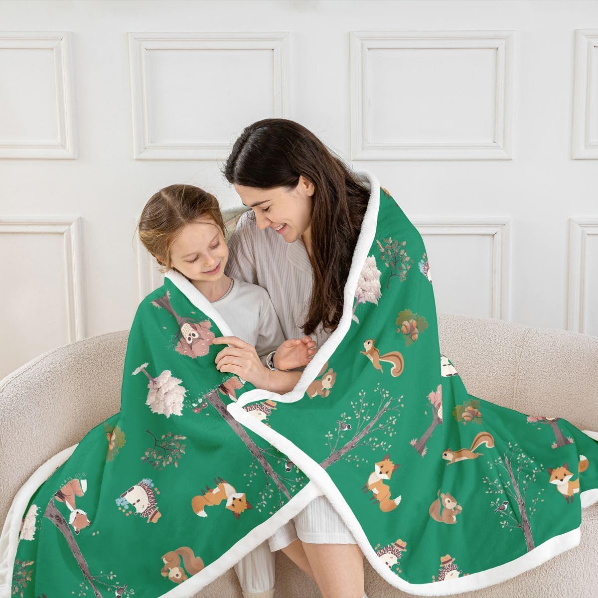 Feelyou Woodland Forest Animals Sherpa Throw Blanket for Couch Green Cartoon Animal Super Soft Cozy Fleece Forest Theme Blanket for Winter, Plush Throw Baby 30"x40" All Season